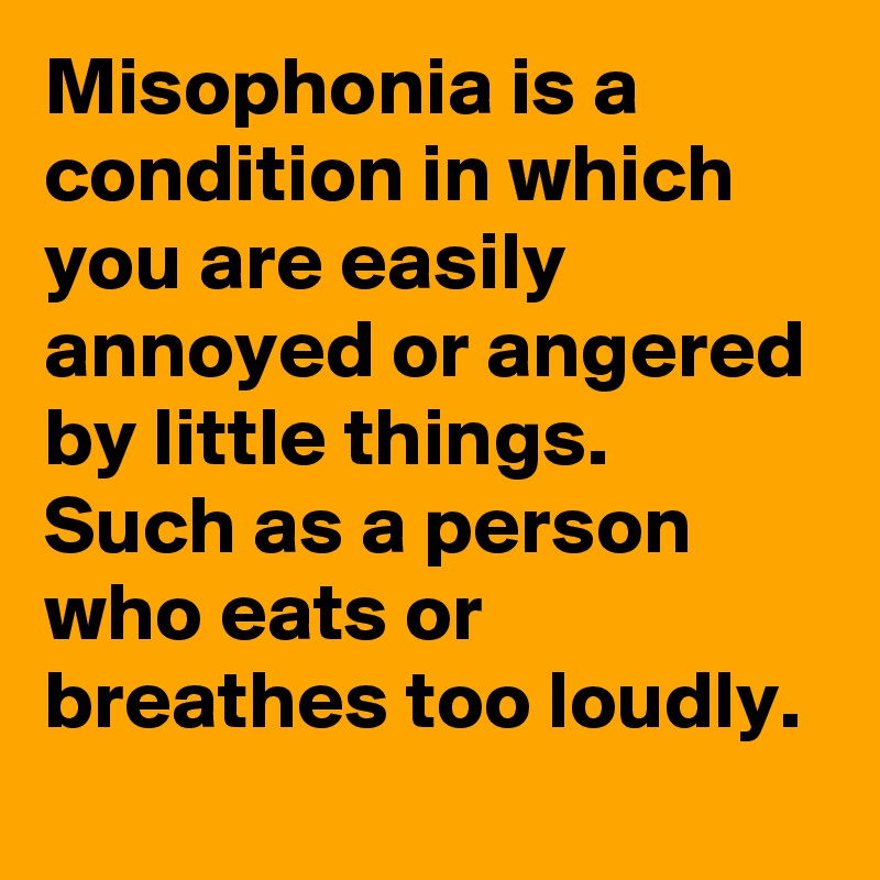 Misophonia is a condition in which you are easily annoyed or angered by little things. Such as a person who eats or breathes too loudly.