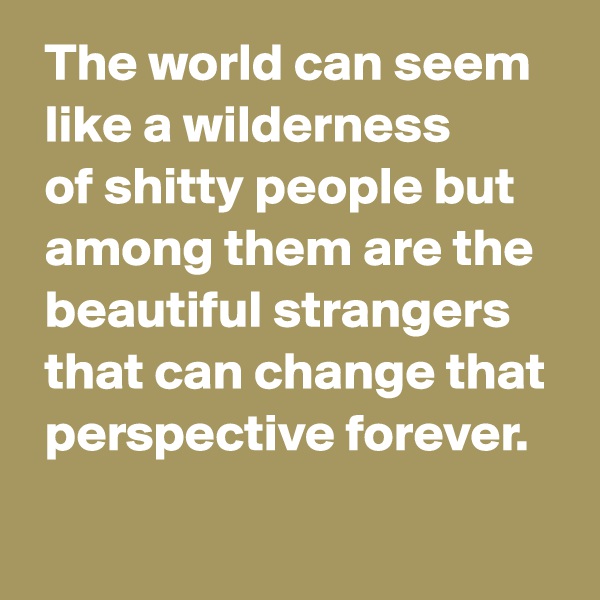 The world can seem like a wilderness of shitty people but among them are the beautiful strangers that can change that perspective forever.