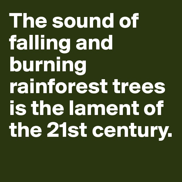 The sound of falling and burning rainforest trees is the lament of the 21st century. 
