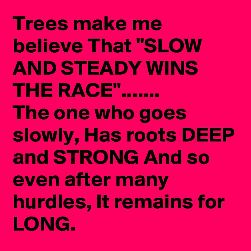 Trees make me believe That "SLOW AND STEADY WINS THE RACE".......
The one who goes slowly, Has roots DEEP and STRONG And so even after many hurdles, It remains for LONG.