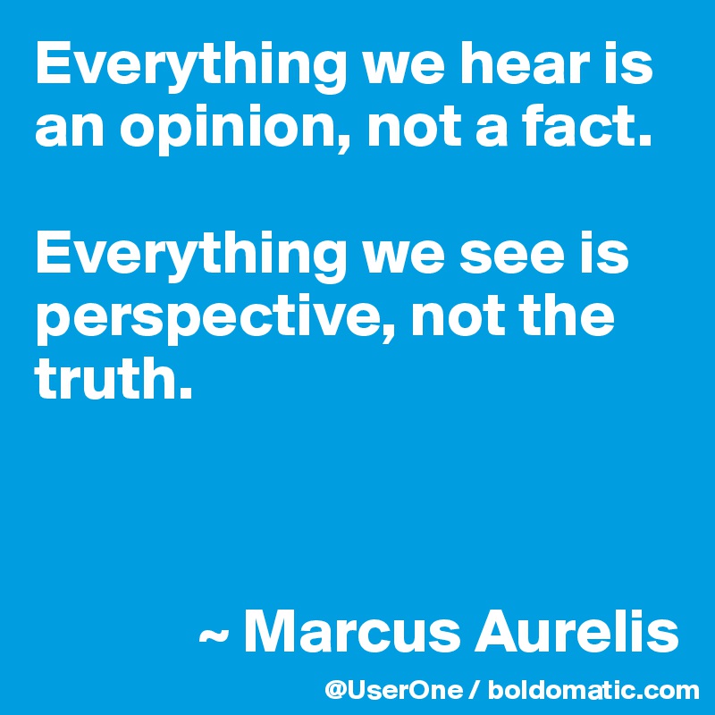 Everything we hear is an opinion, not a fact.

Everything we see is perspective, not the truth.



             ~ Marcus Aurelis