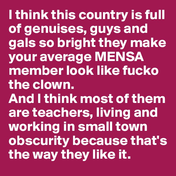 I think this country is full of genuises, guys and gals so bright they make your average MENSA member look like fucko the clown. 
And I think most of them are teachers, living and working in small town obscurity because that's the way they like it.