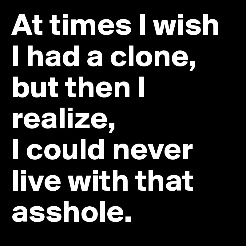 At times I wish I had a clone, but then I realize, 
I could never live with that asshole.