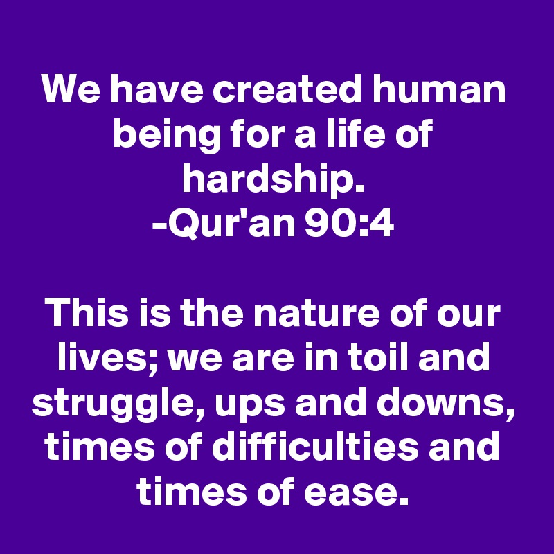 We have created human being for a life of hardship.
-Qur'an 90:4

This is the nature of our lives; we are in toil and struggle, ups and downs, times of difficulties and times of ease.