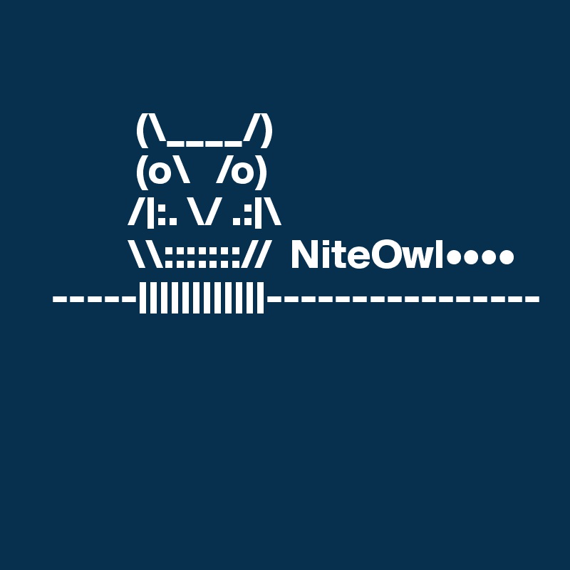 
         
             (\____/)
             (o\   /o)
            /|:. \/ .:|\
            \\::::::://  NiteOwl••••
   -----||||||||||||----------------



