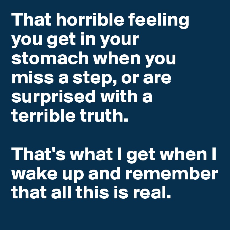 That horrible feeling you get in your stomach when you miss a step, or are surprised with a terrible truth. 

That's what I get when I wake up and remember that all this is real.