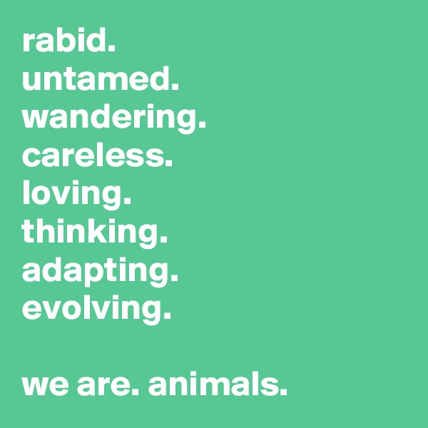 rabid.
untamed.
wandering.
careless.
loving.
thinking.
adapting.
evolving.

we are. animals.