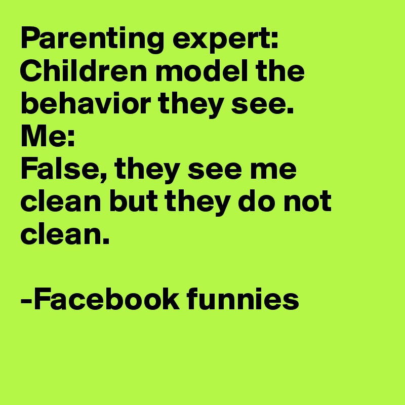 Parenting expert:
Children model the behavior they see.
Me:
False, they see me clean but they do not clean.

-Facebook funnies

