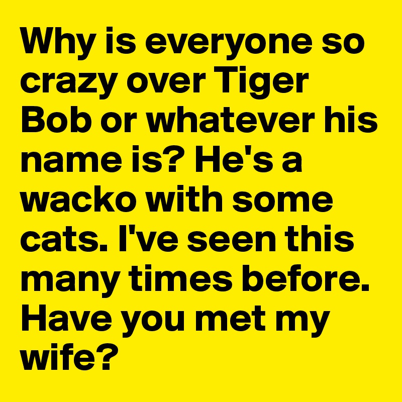 Why is everyone so crazy over Tiger Bob or whatever his name is? He's a wacko with some cats. I've seen this many times before. Have you met my wife?