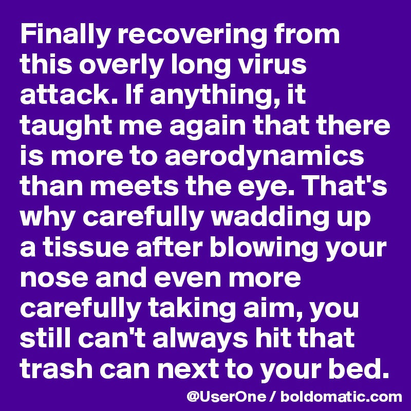 Finally recovering from this overly long virus attack. If anything, it taught me again that there is more to aerodynamics than meets the eye. That's why carefully wadding up a tissue after blowing your nose and even more carefully taking aim, you still can't always hit that trash can next to your bed.