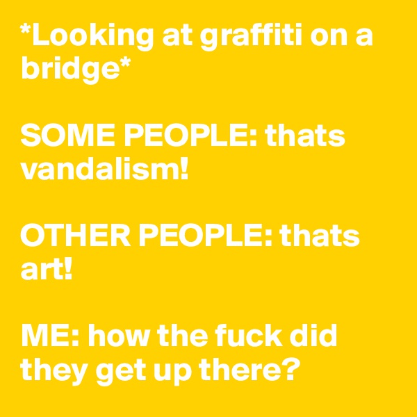 *Looking at graffiti on a bridge*

SOME PEOPLE: thats vandalism!

OTHER PEOPLE: thats art!

ME: how the fuck did they get up there?