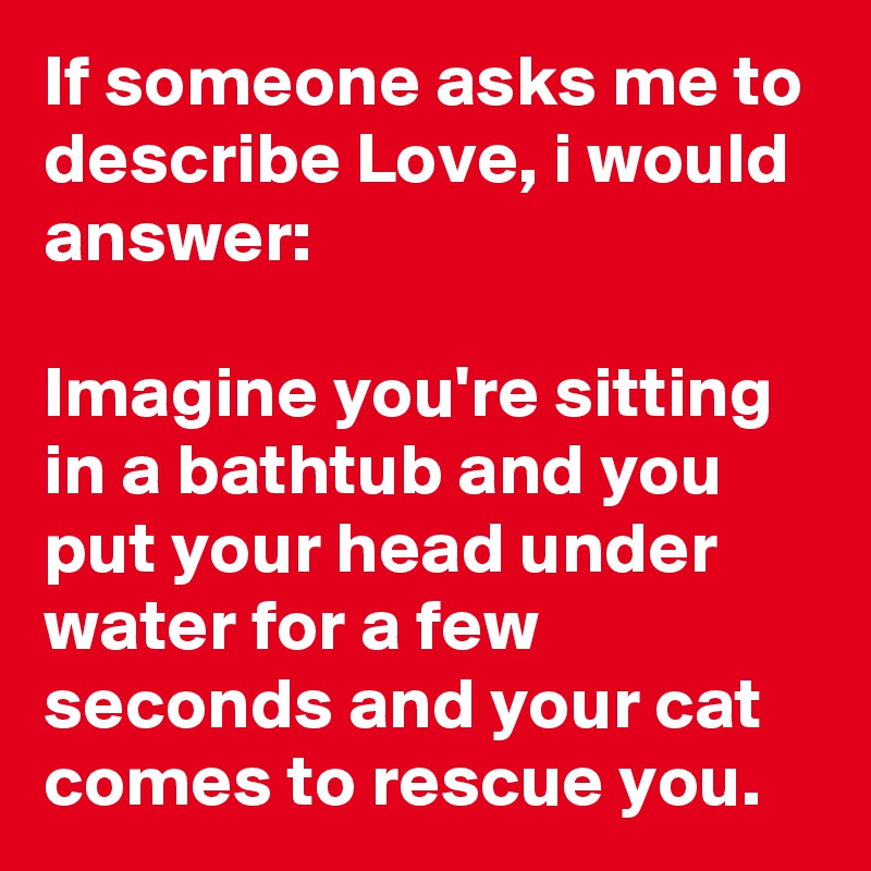 If someone asks me to describe Love, i would answer: 

Imagine you're sitting in a bathtub and you put your head under water for a few seconds and your cat comes to rescue you.