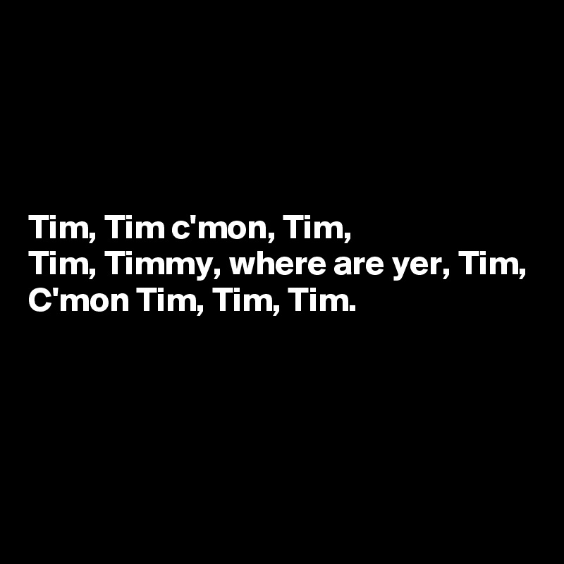 




Tim, Tim c'mon, Tim,
Tim, Timmy, where are yer, Tim,
C'mon Tim, Tim, Tim.




