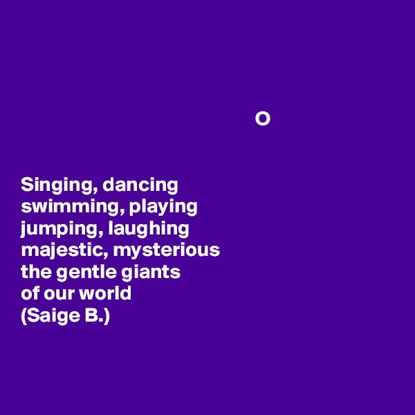 



                                                         O


Singing, dancing
swimming, playing
jumping, laughing
majestic, mysterious
the gentle giants
of our world
(Saige B.)


