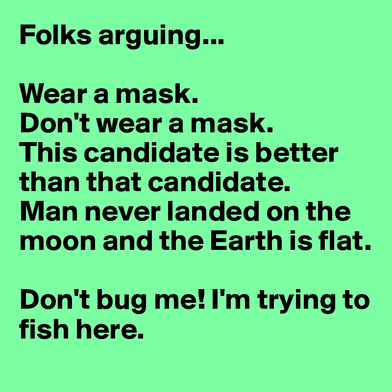 Folks arguing...

Wear a mask. 
Don't wear a mask.
This candidate is better than that candidate.
Man never landed on the moon and the Earth is flat.

Don't bug me! I'm trying to fish here.