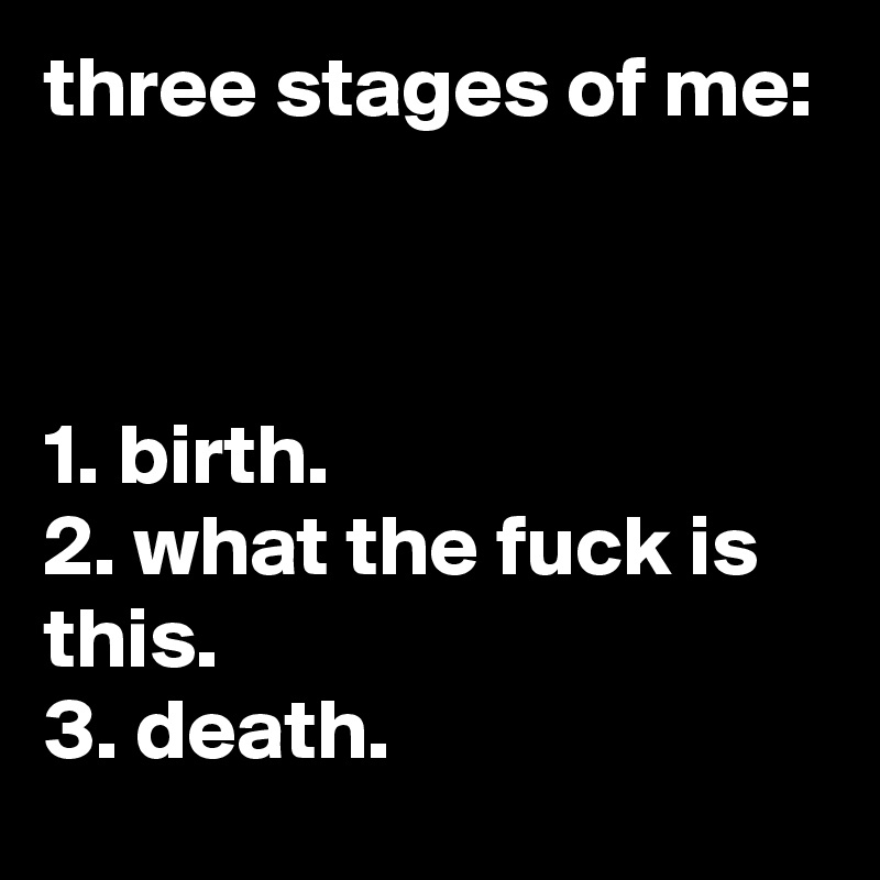three stages of me:



1. birth.
2. what the fuck is this.
3. death.