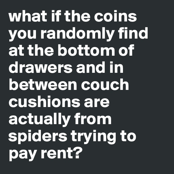 what if the coins you randomly find at the bottom of drawers and in between couch cushions are actually from spiders trying to pay rent? 