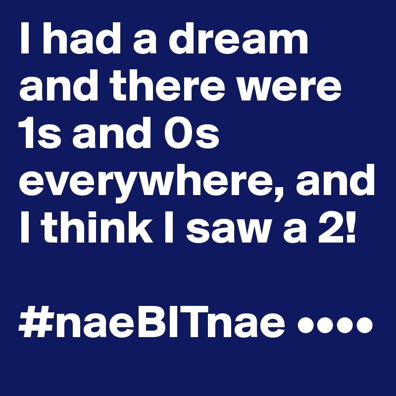 I had a dream and there were 1s and 0s everywhere, and I think I saw a 2!

#naeBITnae ••••