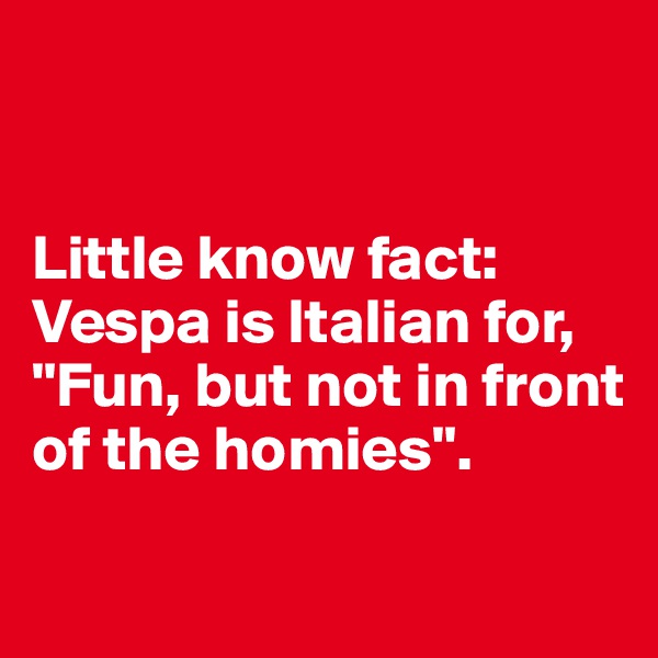 


Little know fact: 
Vespa is Italian for, "Fun, but not in front of the homies".

