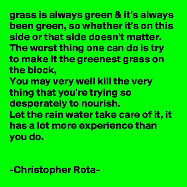 grass is always green & it's always been green, so whether it's on this side or that side doesn't matter. The worst thing one can do is try to make it the greenest grass on the block,
You may very well kill the very thing that you're trying so desperately to nourish.
Let the rain water take care of it, it has a lot more experience than you do.


-Christopher Rota-