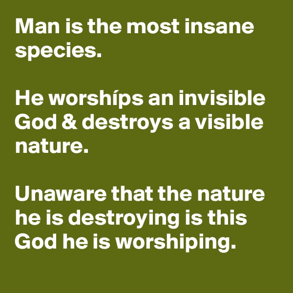Man is the most insane species.

He worshíps an invisible God & destroys a visible nature.

Unaware that the nature he is destroying is this God he is worshiping.
