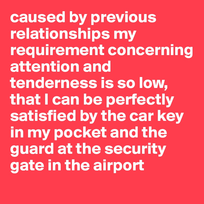 caused by previous relationships my requirement concerning attention and tenderness is so low, that I can be perfectly satisfied by the car key in my pocket and the guard at the security gate in the airport