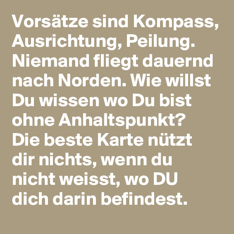 Vorsätze sind Kompass, Ausrichtung, Peilung. Niemand fliegt dauernd nach Norden. Wie willst Du wissen wo Du bist ohne Anhaltspunkt? Die beste Karte nützt dir nichts, wenn du nicht weisst, wo DU dich darin befindest. 