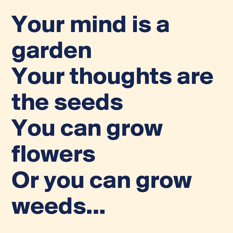 Your mind is a garden
Your thoughts are the seeds
You can grow flowers
Or you can grow weeds...