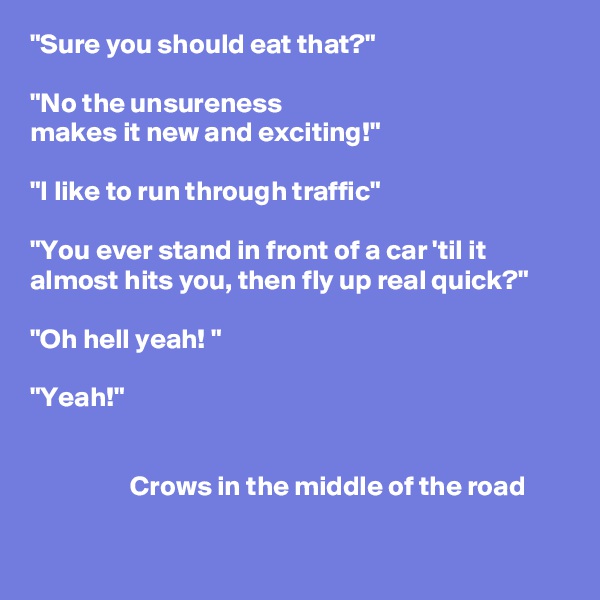 "Sure you should eat that?"

"No the unsureness 
makes it new and exciting!"

"I like to run through traffic"

"You ever stand in front of a car 'til it almost hits you, then fly up real quick?"

"Oh hell yeah! "

"Yeah!"

 
                  Crows in the middle of the road

