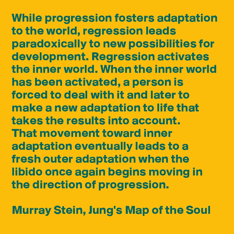 While progression fosters adaptation to the world, regression leads paradoxically to new possibilities for development. Regression activates the inner world. When the inner world has been activated, a person is forced to deal with it and later to make a new adaptation to life that takes the results into account. 
That movement toward inner adaptation eventually leads to a 
fresh outer adaptation when the libido once again begins moving in the direction of progression.

Murray Stein, Jung's Map of the Soul