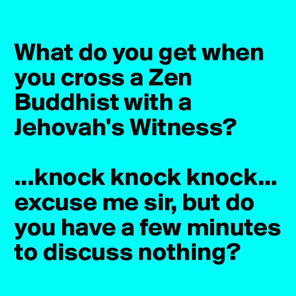 
What do you get when you cross a Zen Buddhist with a Jehovah's Witness?

...knock knock knock... excuse me sir, but do you have a few minutes to discuss nothing?