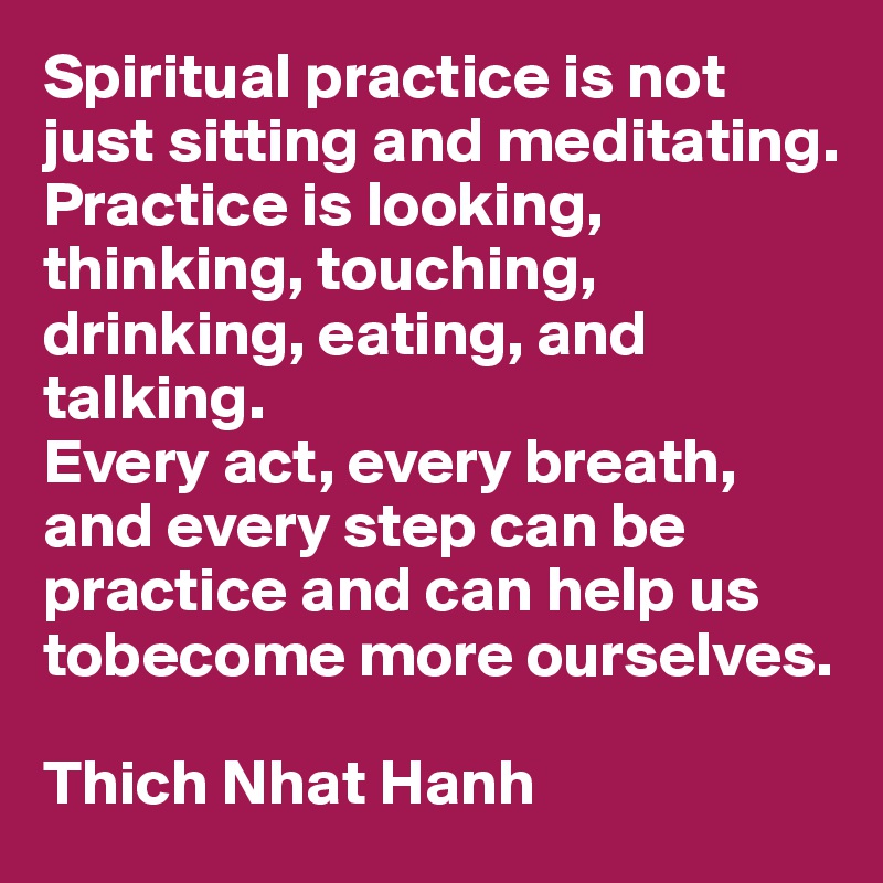 Spiritual practice is not just sitting and meditating.
Practice is looking, thinking, touching, drinking, eating, and talking. 
Every act, every breath, and every step can be practice and can help us tobecome more ourselves.

Thich Nhat Hanh