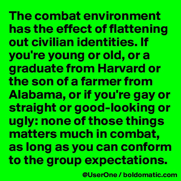 The combat environment has the effect of flattening out civilian identities. If you're young or old, or a graduate from Harvard or the son of a farmer from Alabama, or if you're gay or straight or good-looking or ugly: none of those things matters much in combat, as long as you can conform to the group expectations.