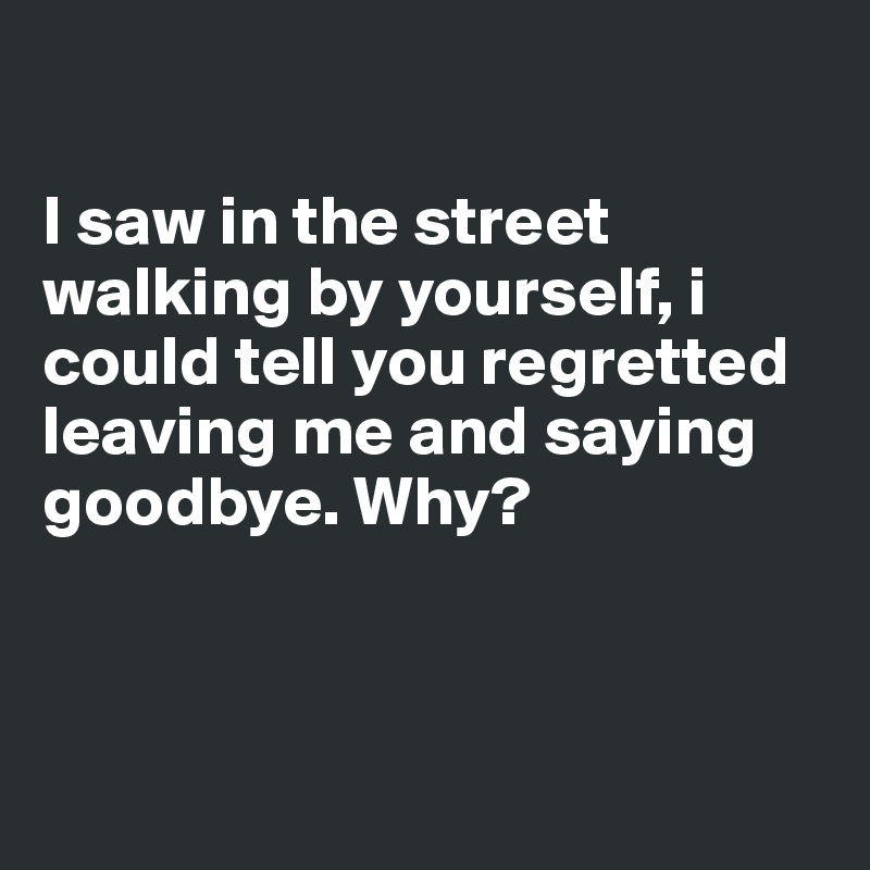 

I saw in the street walking by yourself, i could tell you regretted leaving me and saying goodbye. Why? 



