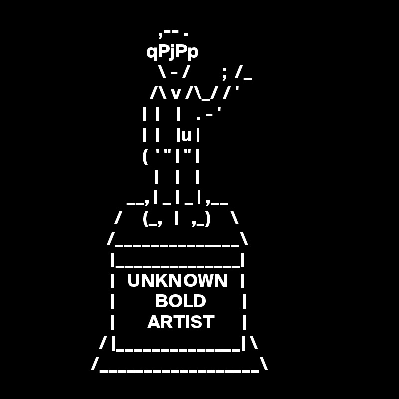                                    ,-- .
                                qPjPp
                                   \ - /        ;  /_
                                 /\ v /\_/ / '
                               |  |    |    . - '
                               |  |    |u |
                               (  ' " | " |
                                  |    |    |
                           __, | _ | _ | ,__
                        /     (_,   |   ,_)     \
                      /______________\
                       |______________|
                       |   UNKNOWN   |
                       |          BOLD         |
                       |        ARTIST       |
                    / |______________| \
                  /__________________\