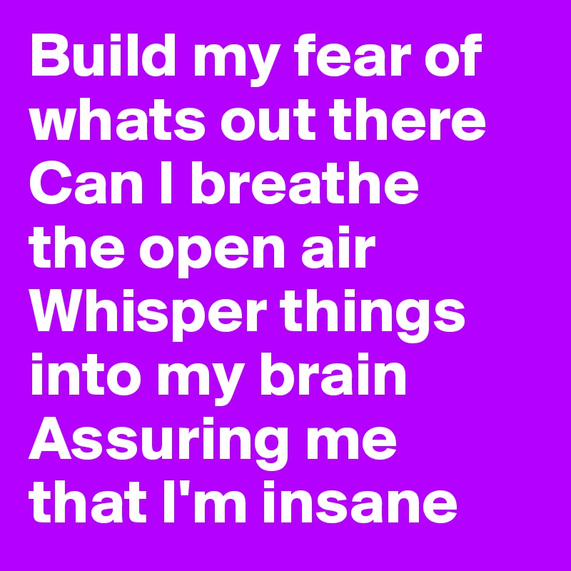 Build my fear of
whats out there
Can I breathe
the open air
Whisper things
into my brain
Assuring me
that I'm insane
