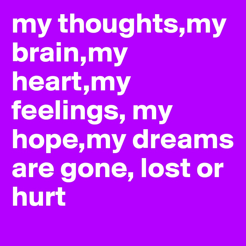 my thoughts,my brain,my heart,my feelings, my hope,my dreams are gone, lost or hurt 