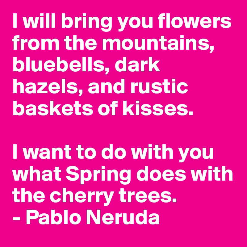 I will bring you flowers from the mountains, bluebells, dark hazels, and rustic baskets of kisses.

I want to do with you what Spring does with the cherry trees.
- Pablo Neruda