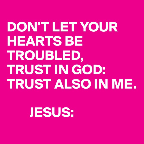 
DON'T LET YOUR HEARTS BE TROUBLED,
TRUST IN GOD:
TRUST ALSO IN ME.

        JESUS: