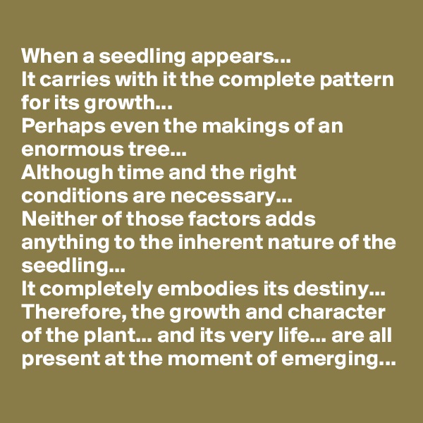 
When a seedling appears...
It carries with it the complete pattern for its growth...
Perhaps even the makings of an enormous tree...
Although time and the right conditions are necessary...
Neither of those factors adds anything to the inherent nature of the seedling...
It completely embodies its destiny...
Therefore, the growth and character of the plant... and its very life... are all present at the moment of emerging...