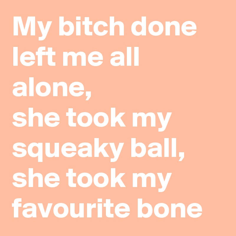 My bitch done left me all alone,
she took my squeaky ball,
she took my favourite bone