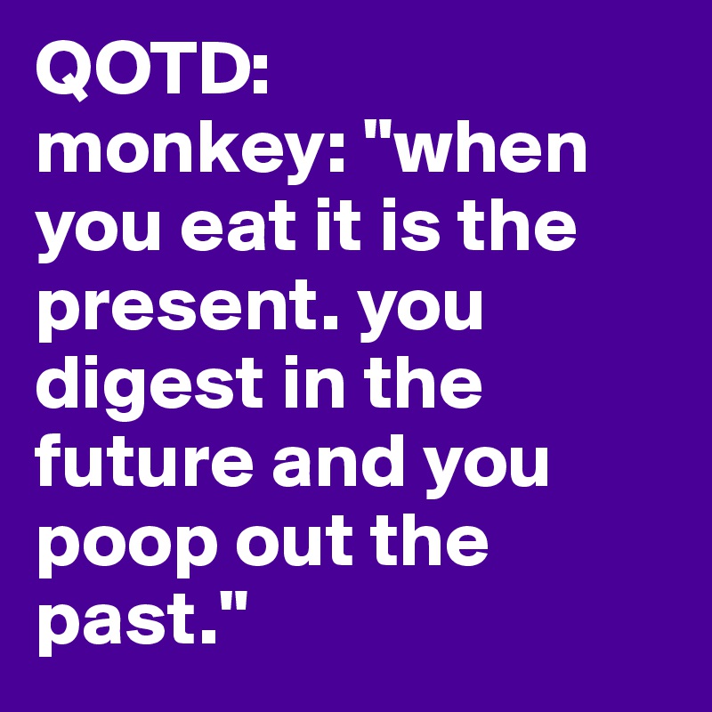 QOTD:
monkey: "when you eat it is the present. you digest in the future and you poop out the past."