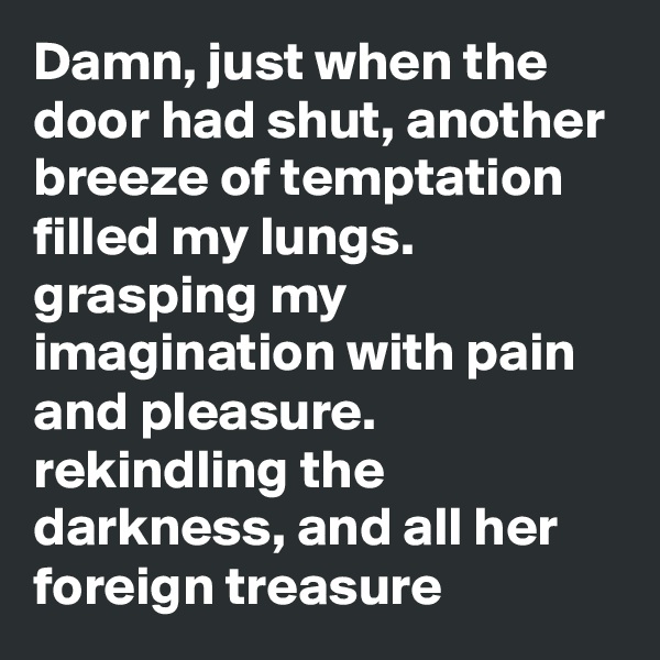 Damn, just when the door had shut, another breeze of temptation filled my lungs. grasping my imagination with pain and pleasure. rekindling the darkness, and all her foreign treasure