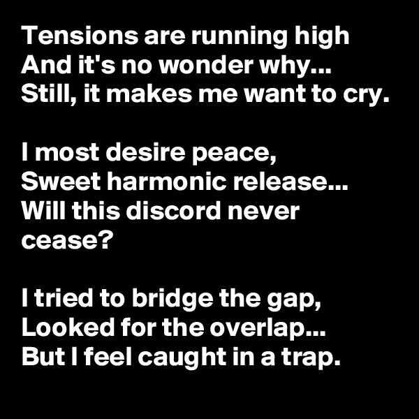 Tensions are running high
And it's no wonder why...
Still, it makes me want to cry.

I most desire peace,
Sweet harmonic release...
Will this discord never cease?

I tried to bridge the gap,
Looked for the overlap...
But I feel caught in a trap.