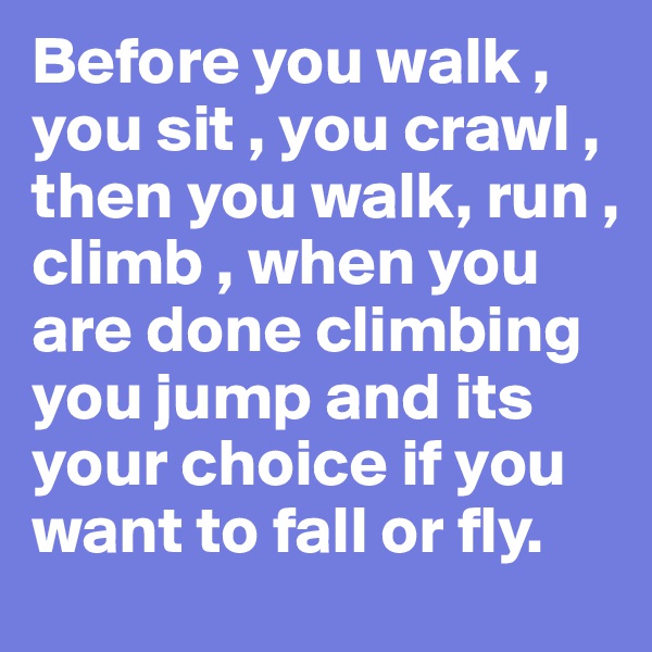 Before you walk , you sit , you crawl , then you walk, run , climb , when you are done climbing you jump and its your choice if you want to fall or fly.