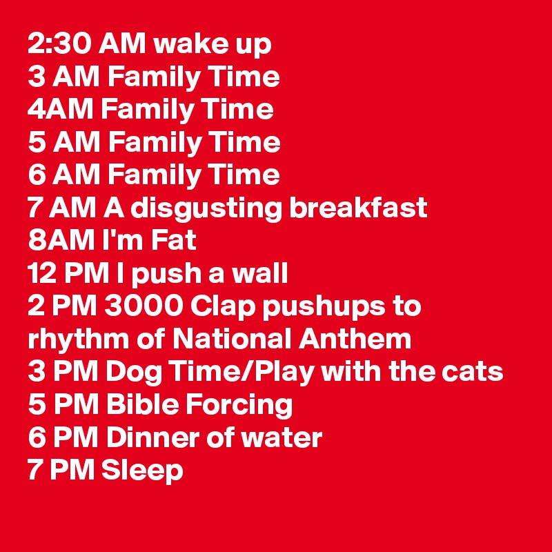 2:30 AM wake up
3 AM Family Time
4AM Family Time
5 AM Family Time
6 AM Family Time
7 AM A disgusting breakfast
8AM I'm Fat
12 PM I push a wall
2 PM 3000 Clap pushups to rhythm of National Anthem
3 PM Dog Time/Play with the cats
5 PM Bible Forcing
6 PM Dinner of water
7 PM Sleep