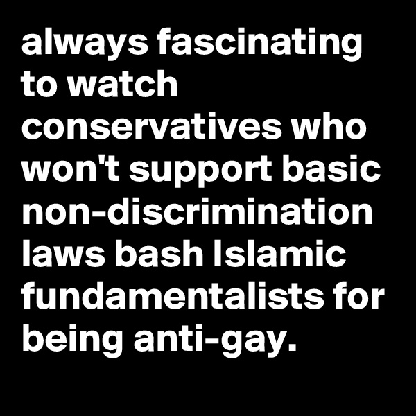 always fascinating to watch conservatives who won't support basic  non-discrimination laws bash Islamic fundamentalists for being anti-gay.
