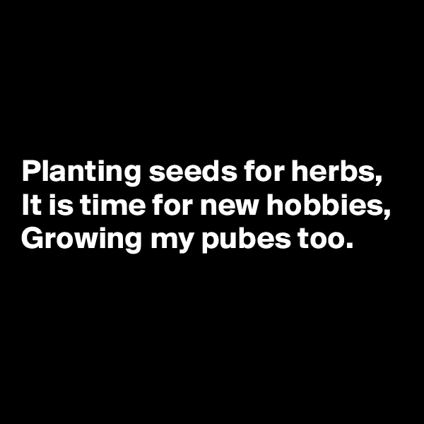 



Planting seeds for herbs,
It is time for new hobbies,
Growing my pubes too.



