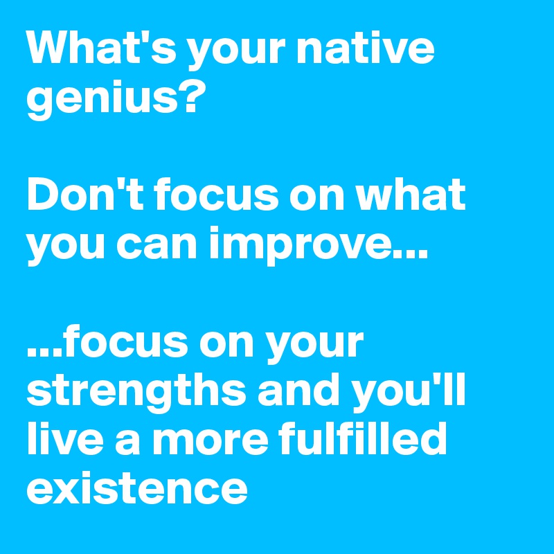 What's your native genius?

Don't focus on what you can improve...

...focus on your strengths and you'll live a more fulfilled existence