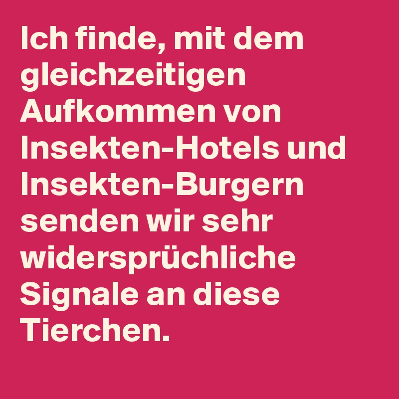 Ich finde, mit dem gleichzeitigen Aufkommen von Insekten-Hotels und Insekten-Burgern senden wir sehr widersprüchliche Signale an diese Tierchen.